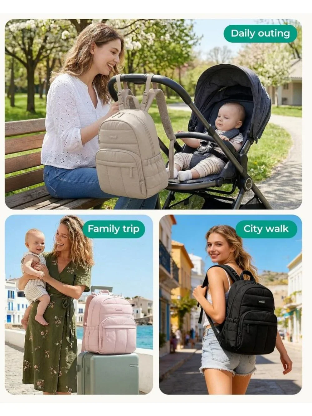 Multi-Pocket Waterproof Diaper Bag Backpack with Changing Pad & Insulated